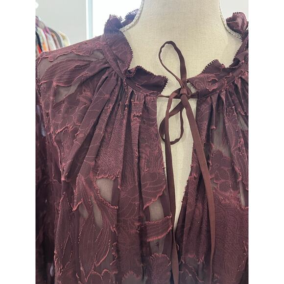 Dorothee Schumacher Burgundy Silk Lace Sheer Romance Tie Neck Blouse Top 4 $800 - Picture 10 of 16